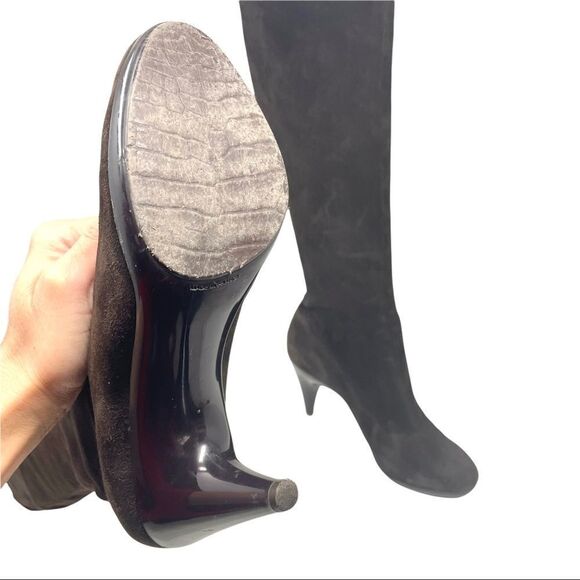 Robert Clergerie Tall Dark Brown Stretch Suede Heeled Sock Boots Size 8.5 - Picture 9 of 11